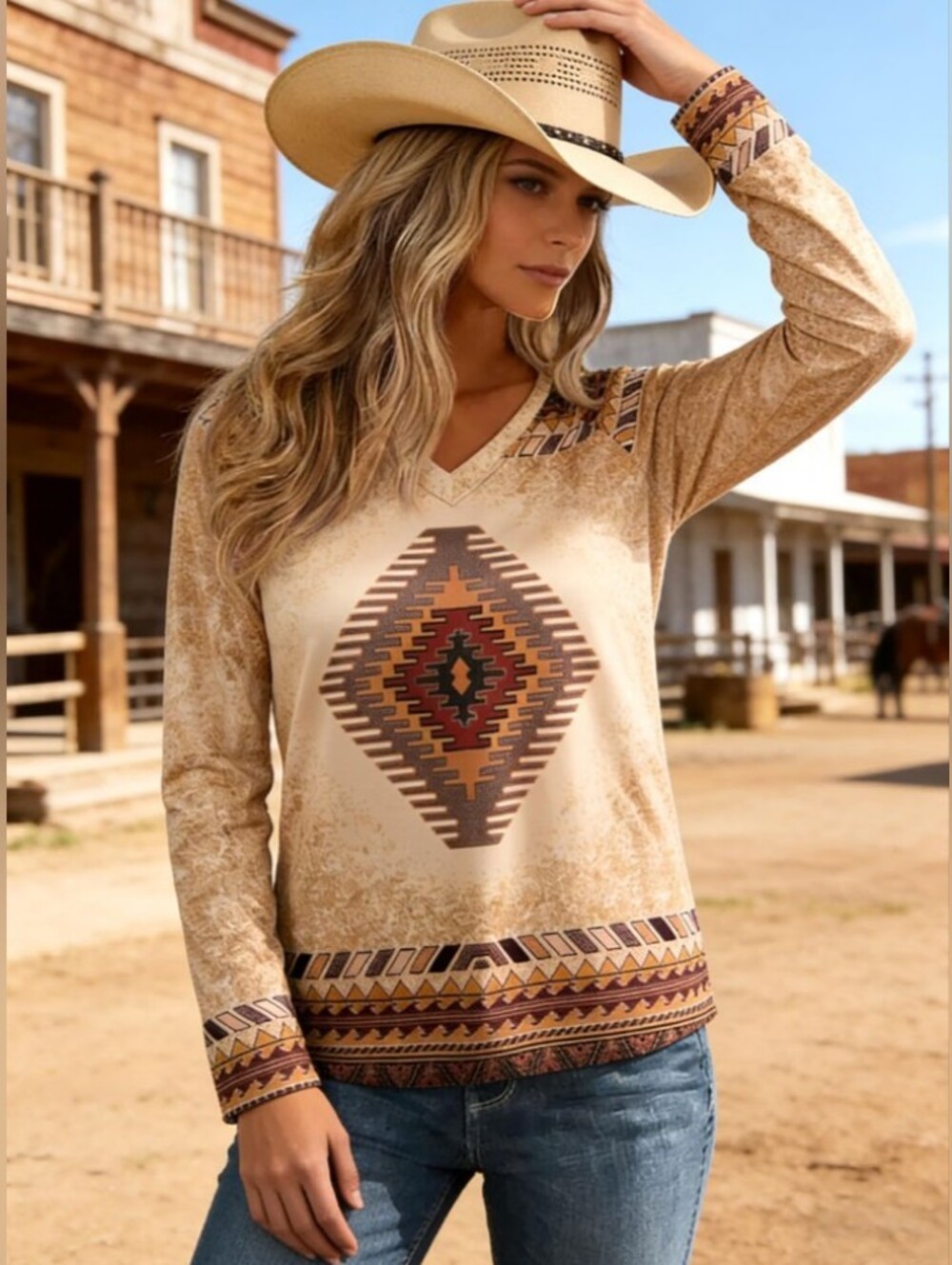 New! Boho Southwestern Print V-Neck Long Sleeve Top - Aztec Print